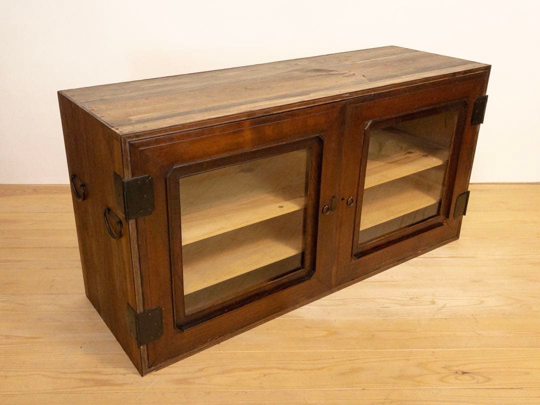 ガラス棚　ローボード　無垢材　M074　古道具　古家具　ビンテージ　アンティーク