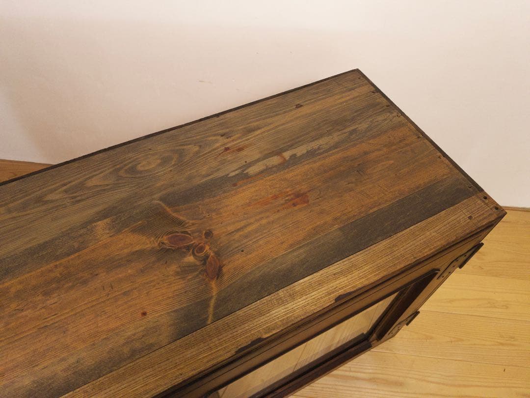 ガラス棚　ローボード　無垢材　M074　古道具　古家具　ビンテージ　アンティーク