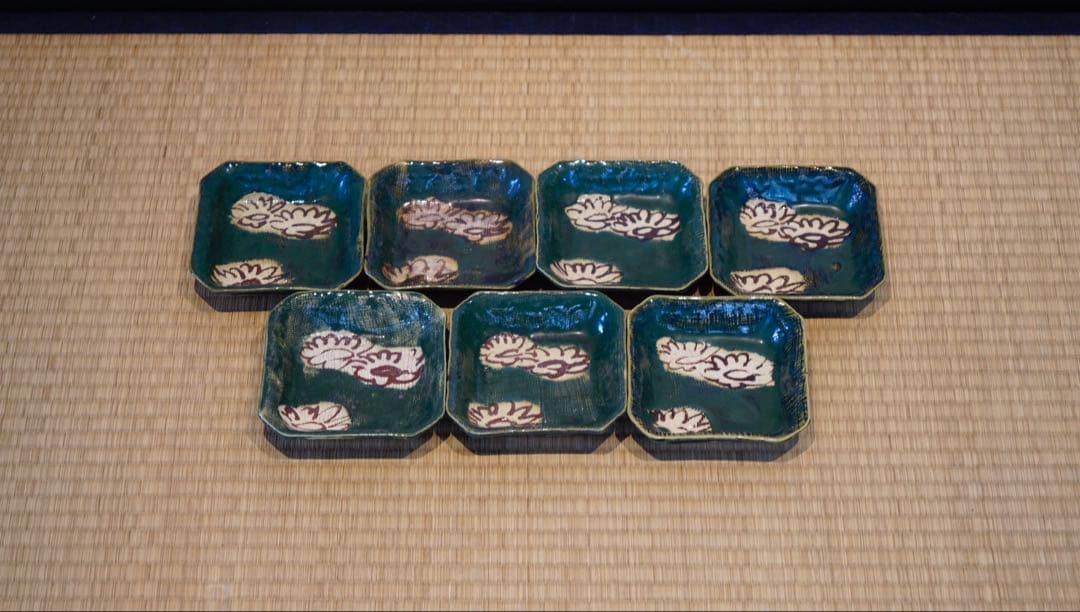 加藤作助 造 菊文 隅切小皿 7客 懐石料理道具 向付