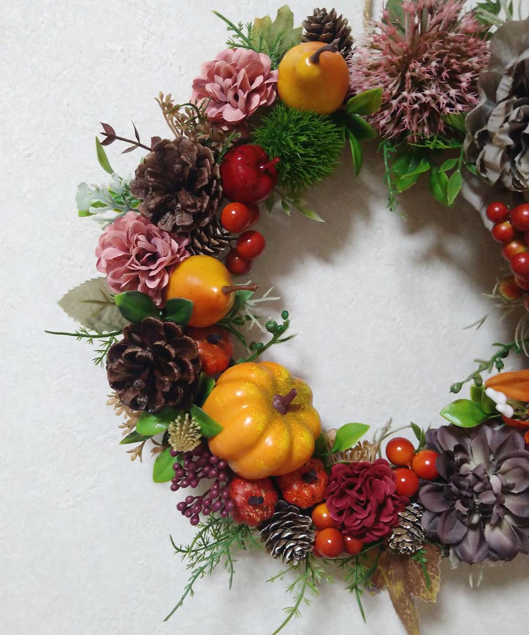 ハロウィン☆秋色リース　アーティフィシャルフラワー　34×34