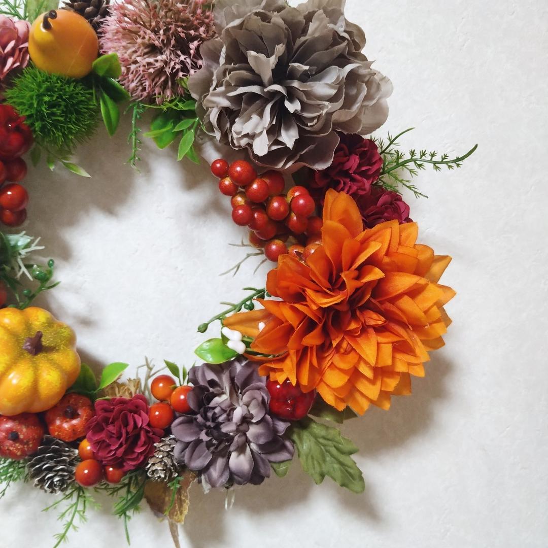 ハロウィン☆秋色リース　アーティフィシャルフラワー　34×34