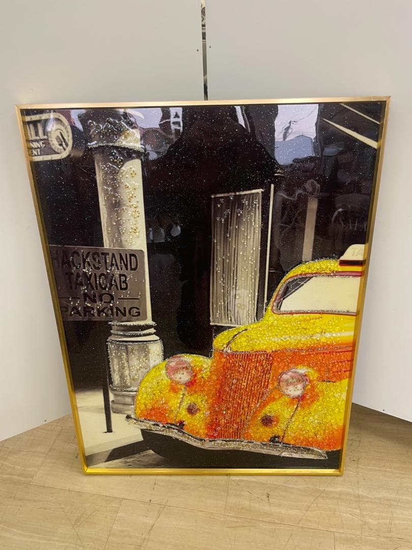 水晶絵　アートパネル　車　ポスター　イエロー　黄　絵画　絵　アート　外車　額縁