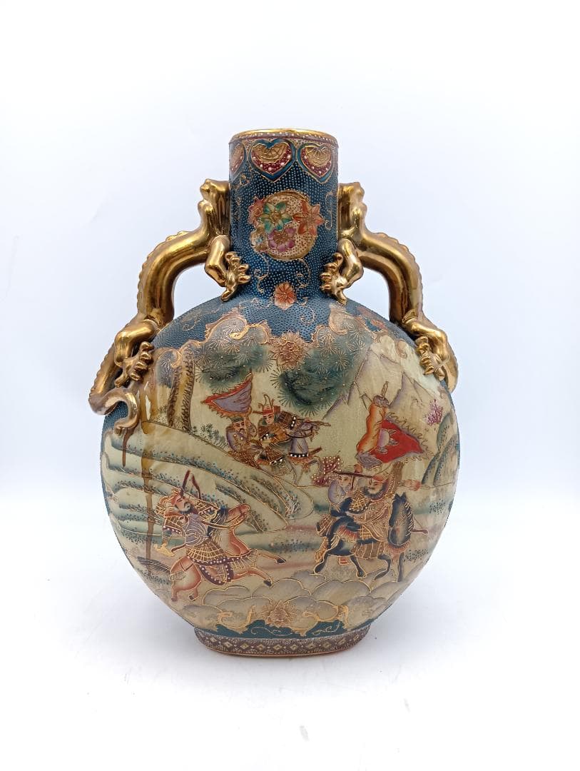 花瓶 壺 金彩 武将図 龍