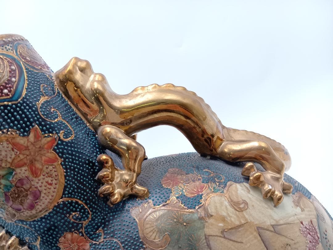 花瓶 壺 金彩 武将図 龍