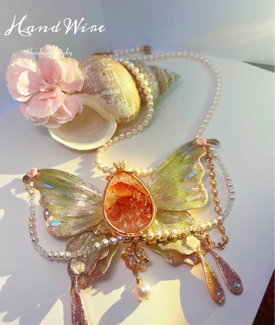 クリスタルネックレス　ワイヤーラッピング　天然石　天然淡水パール