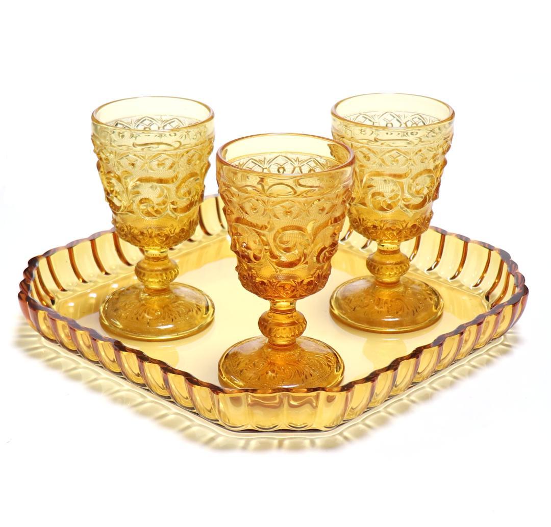 オールド・バカラ 珍品 スクエア型 琥珀色 大型トレー センターピース アンバー