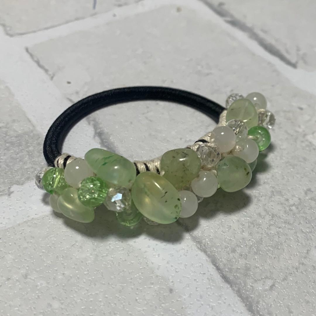 ハーフ シュシュ☆ビーズ ヘアゴム☆ハンドメイド パワーストーン プレナイト