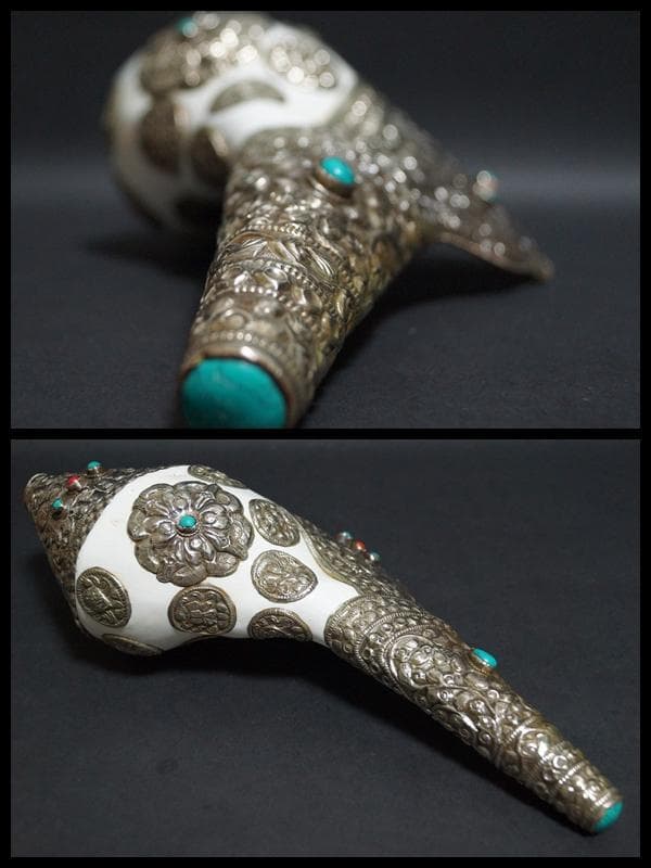 オールドチベット法具大型左巻法螺貝純銀巻きターコイズコーラル象嵌手造り打出し装飾