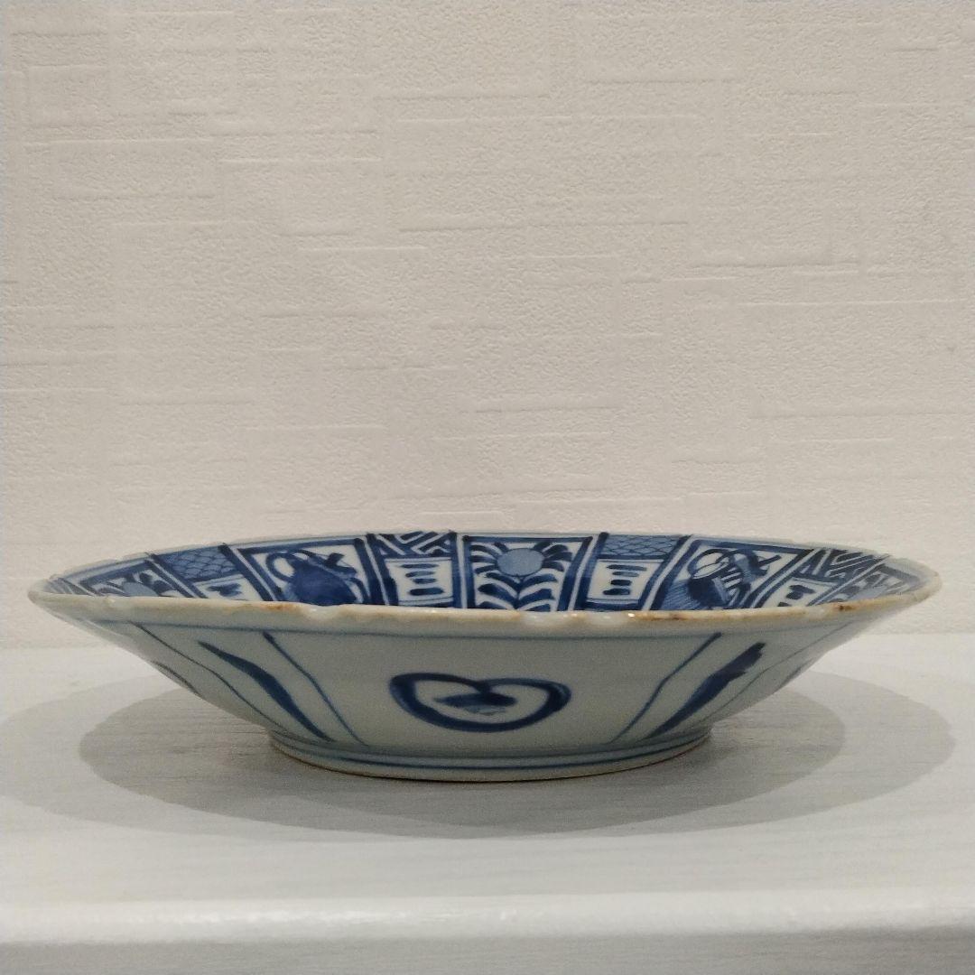 u348-4　中国 清朝期 古染付 芙蓉手 飛蝗文大皿 時代唐物　Q