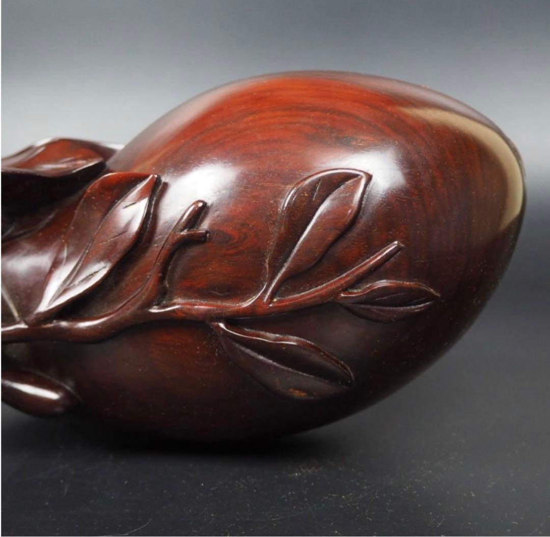 送料無料　時代物　唐木黄花梨（沈水）透かし彫り茄子形蓋物　美品