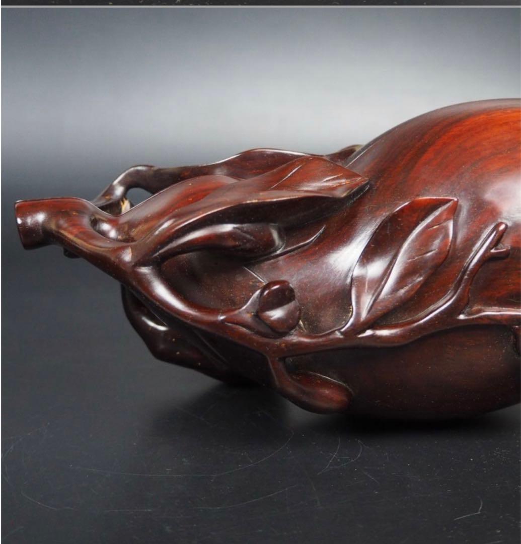 送料無料　時代物　唐木黄花梨（沈水）透かし彫り茄子形蓋物　美品