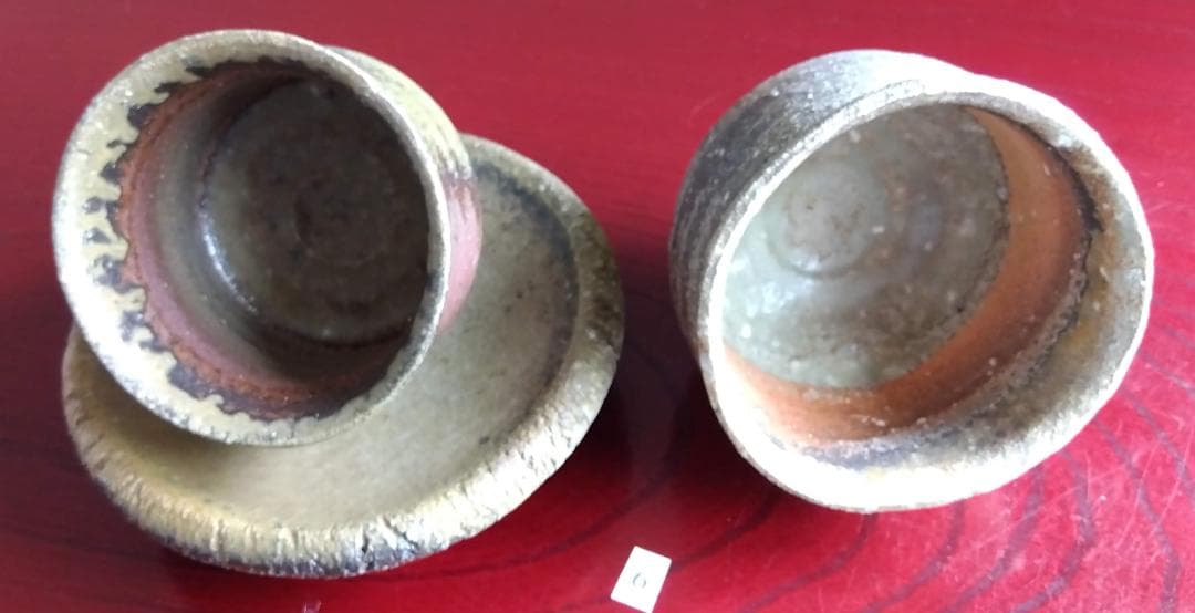 前焼の名工　白越不朝　自然灰釉究極美逸品ぐい呑み/湯呑2種茶托3点セットNo:6