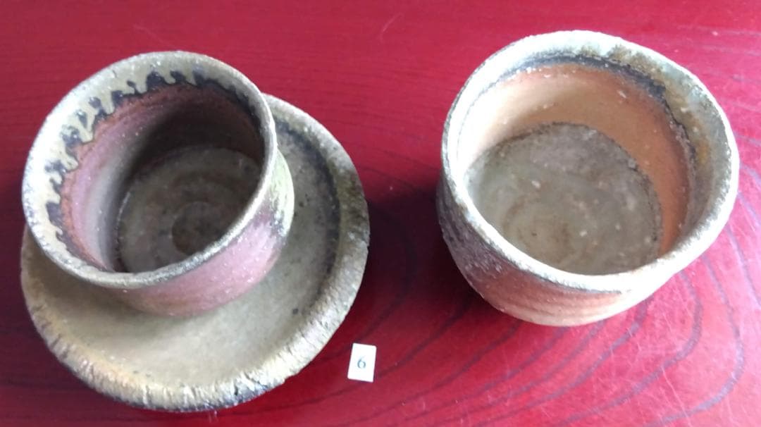 前焼の名工　白越不朝　自然灰釉究極美逸品ぐい呑み/湯呑2種茶托3点セットNo:6