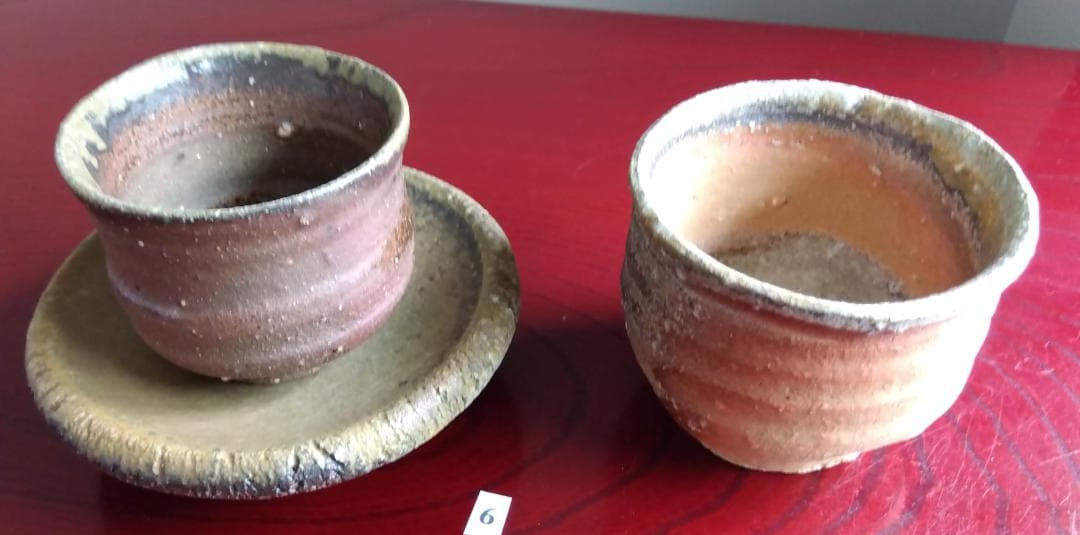前焼の名工　白越不朝　自然灰釉究極美逸品ぐい呑み/湯呑2種茶托3点セットNo:6