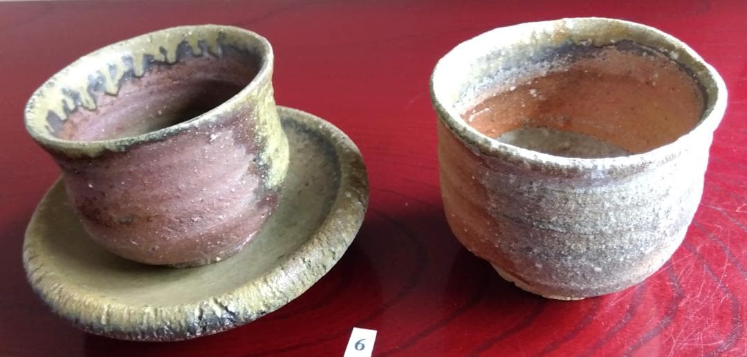 前焼の名工　白越不朝　自然灰釉究極美逸品ぐい呑み/湯呑2種茶托3点セットNo:6
