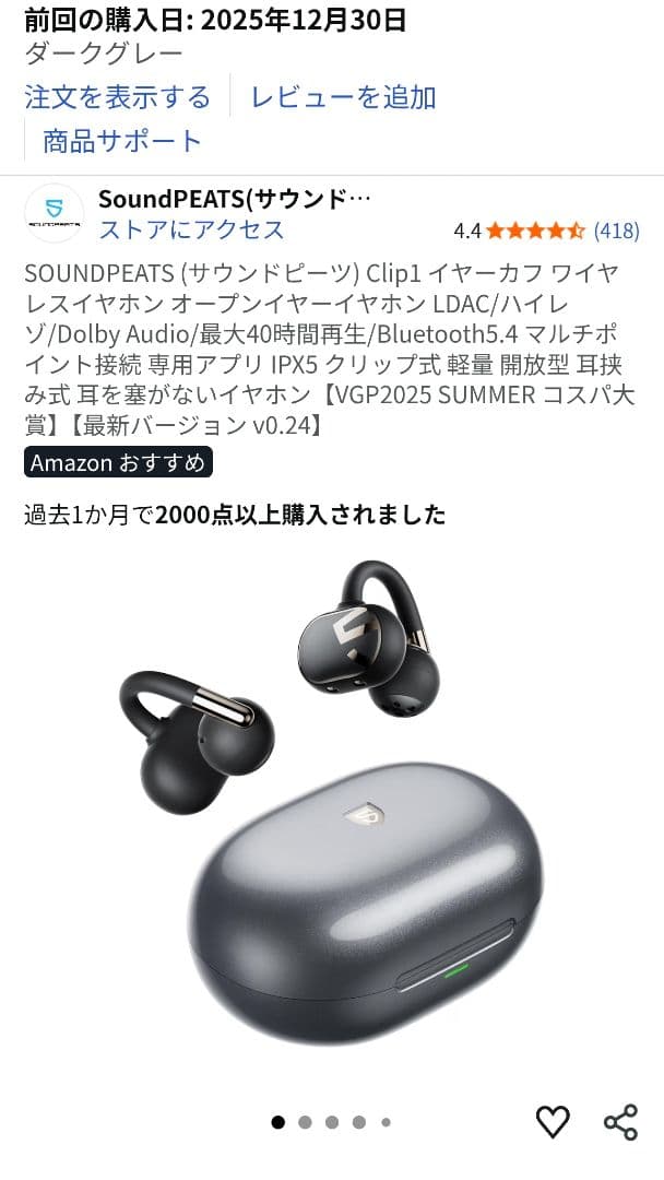 【ほぼ未使用】SOUNDPEATS Clip1 ダークグレー 純正ケース付き