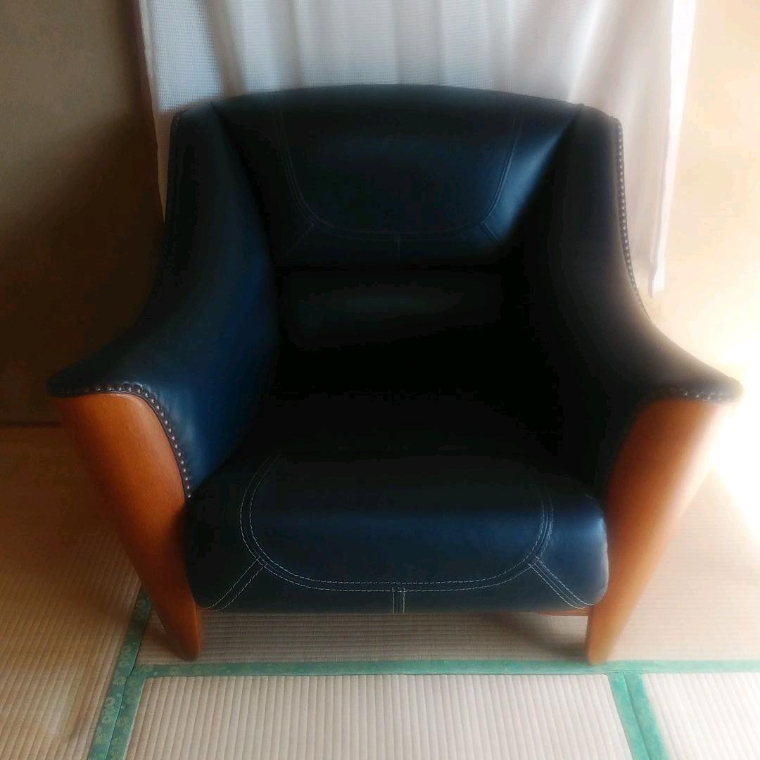 総本革レザー＆ウッド＆鋲飾り レジデンシソファーネイビー GRANT