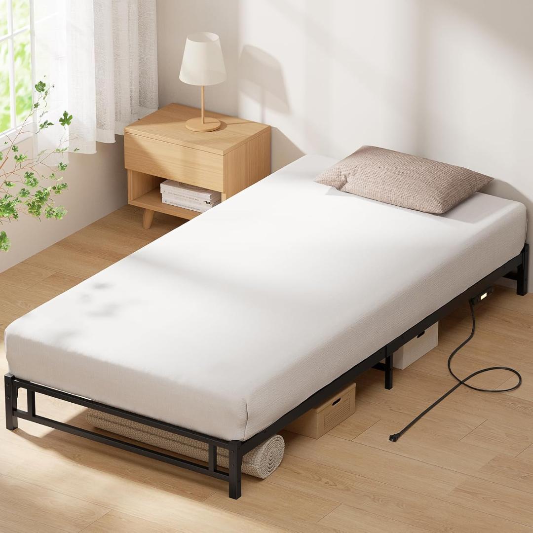 LEDライト付 コンセント付 シングルベッド 黒⭐A2-17