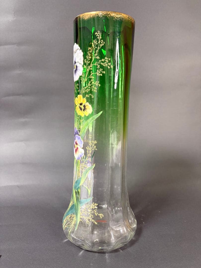 モンジョワ大型パンジー花柄エナメル金彩花瓶美品