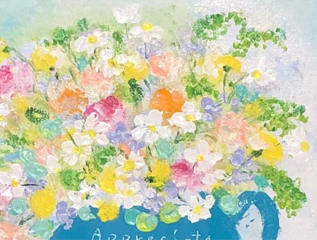 絵画　油絵　原画　一点物　花　ポップ　ブルー　　アート　インテリア　SM