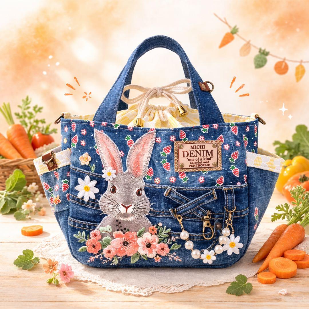 デニムリメイクバッグS お花とうさぎ
