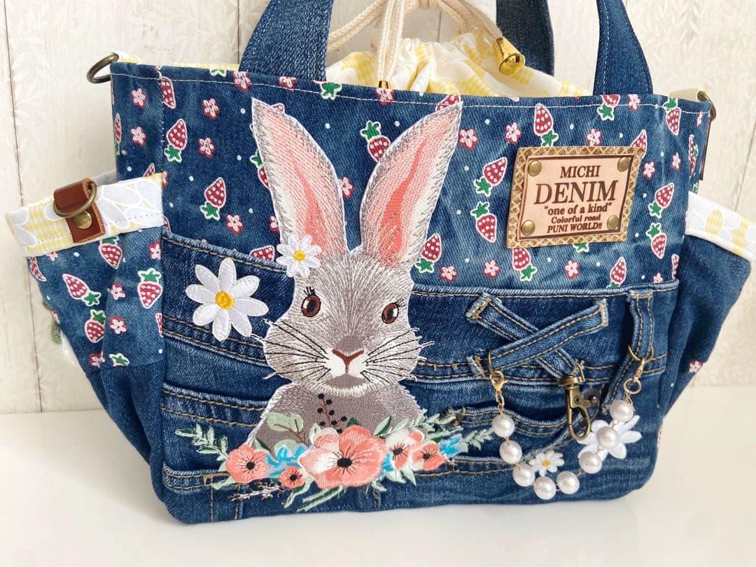 デニムリメイクバッグS お花とうさぎ