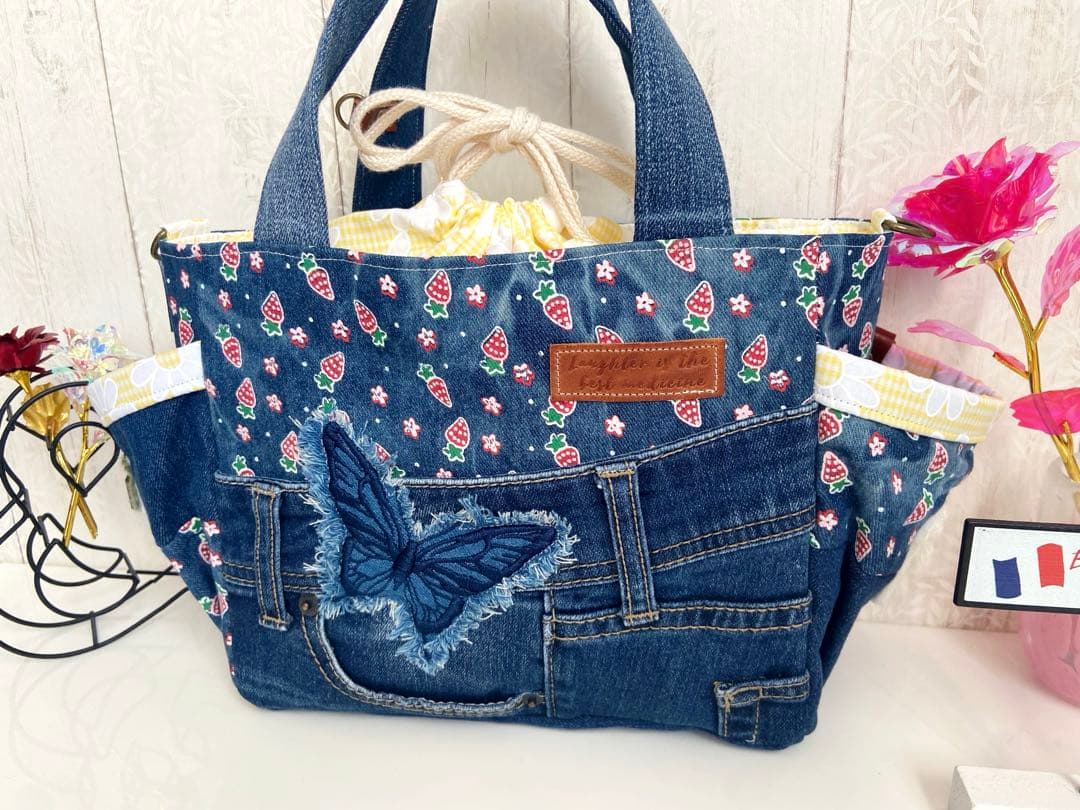 デニムリメイクバッグS お花とうさぎ