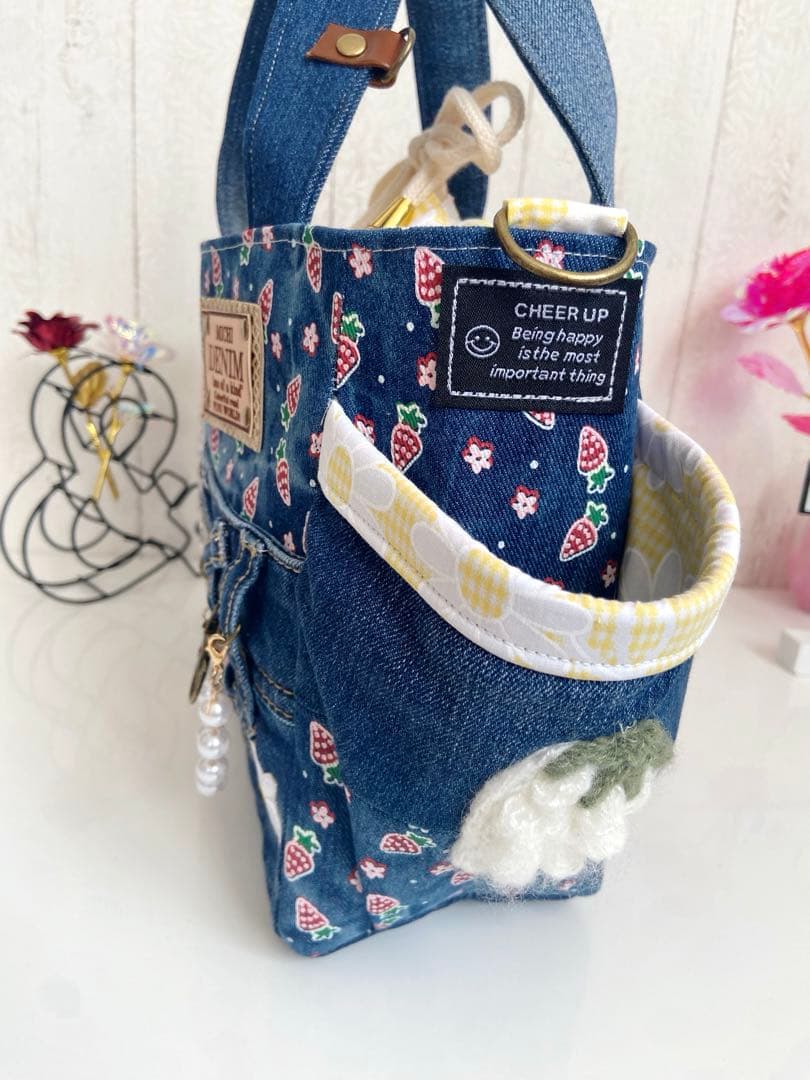 デニムリメイクバッグS お花とうさぎ
