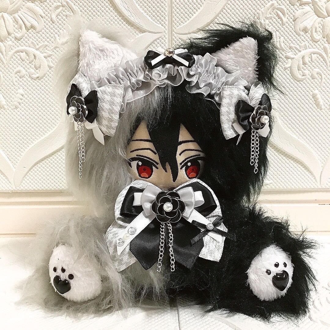 【86】おすわり　ぬい服　16cm 着ぐるみ　ねこ　長毛　ロング　黒&灰色