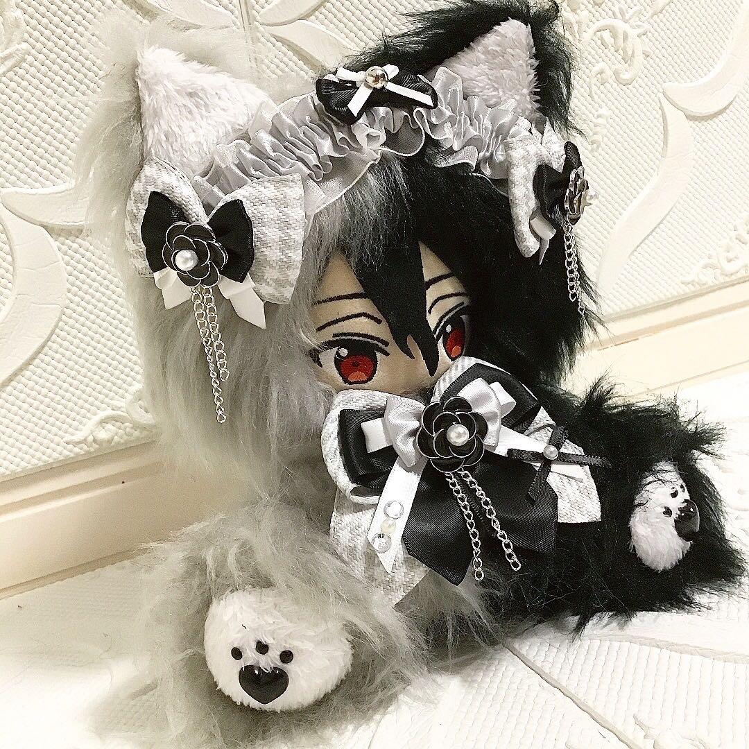 【86】おすわり　ぬい服　16cm 着ぐるみ　ねこ　長毛　ロング　黒&灰色