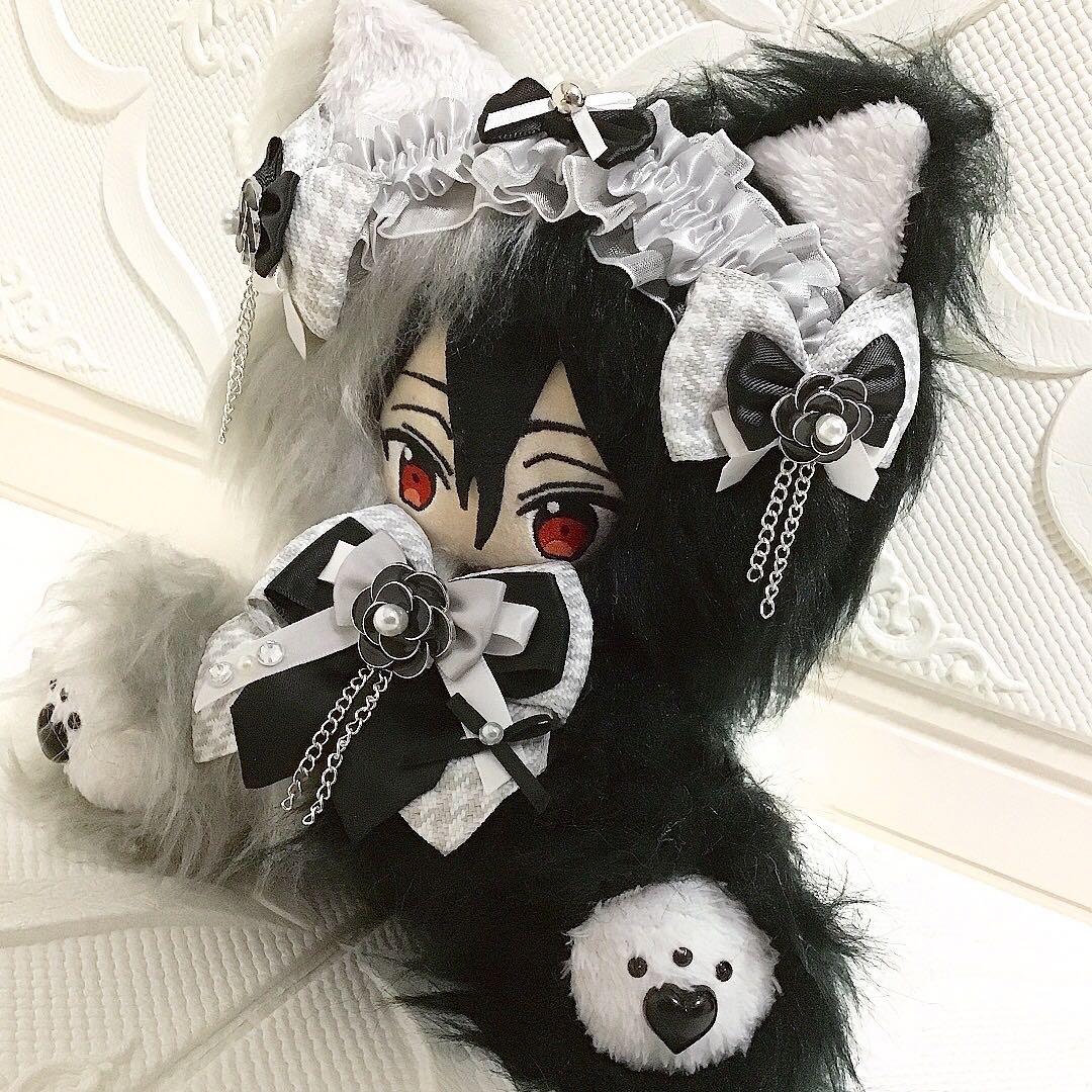 【86】おすわり　ぬい服　16cm 着ぐるみ　ねこ　長毛　ロング　黒&灰色
