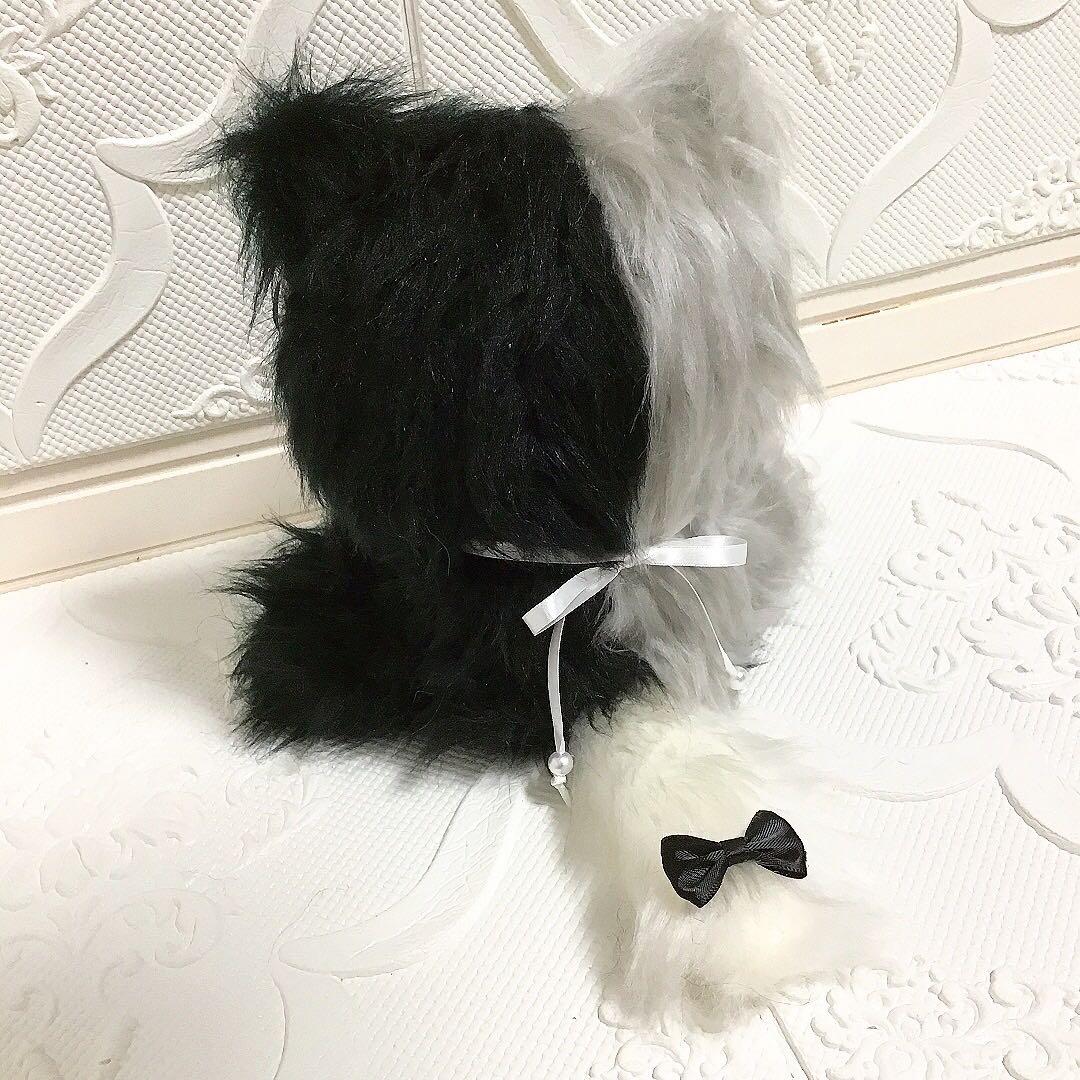 【86】おすわり　ぬい服　16cm 着ぐるみ　ねこ　長毛　ロング　黒&灰色