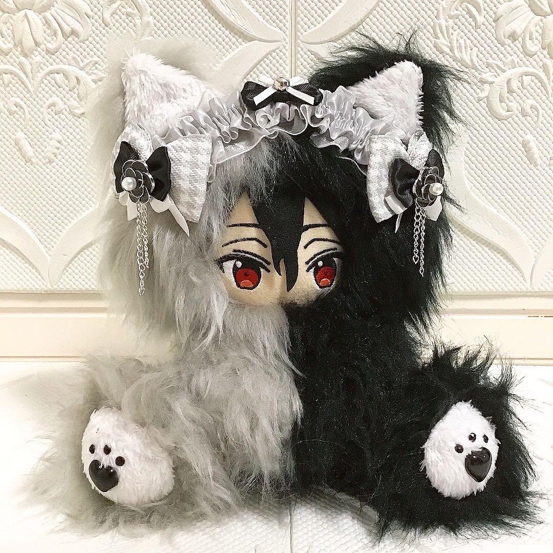 【86】おすわり　ぬい服　16cm 着ぐるみ　ねこ　長毛　ロング　黒&灰色