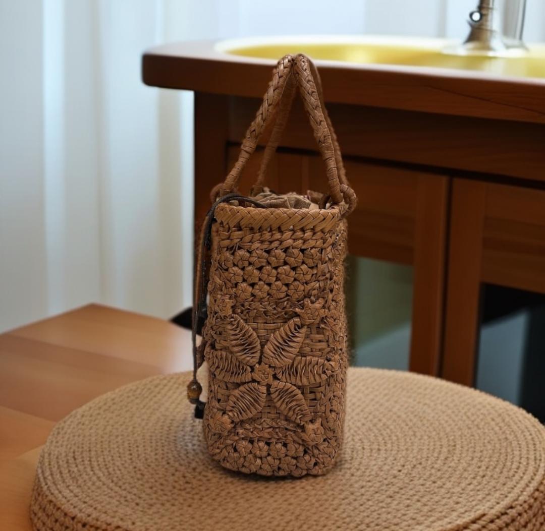 ✨希少美品✨山葡萄かごバッグ 六角花結び編み 立体花編み 内布付き