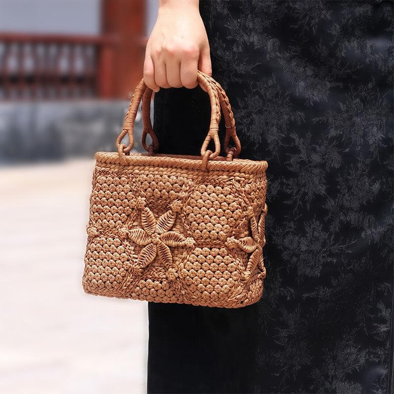 ✨希少美品✨山葡萄かごバッグ 六角花結び編み 立体花編み 内布付き