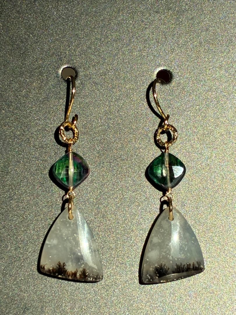 14kgf 雪景色デンドライトアゲート×ミスティックトパーズ ピアス