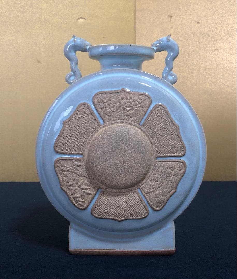 《R》失透釉銅羅形 花入 龍谷窯 宮川香雲 共布 共箱 元箱　260227こ2