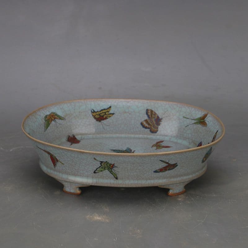 宋汝窯 天青釉蝶紋 四足水仙盆 景徳鎮 陶磁器 装飾品 現代工芸品 美術品 置物