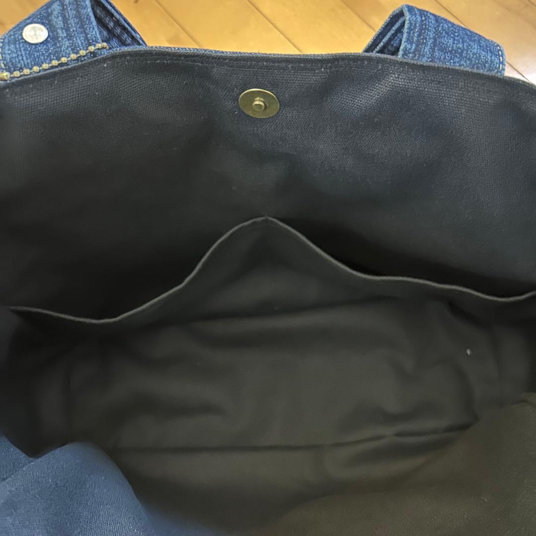906.濃いめブルー　デニムリメイク サイドポケットトートバッグ　ジージャン