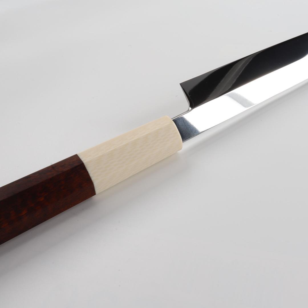 7944マグロ包丁両刃鏡面仕上げ 鞘付刃渡700mm刺身包丁スネークウッド八角柄