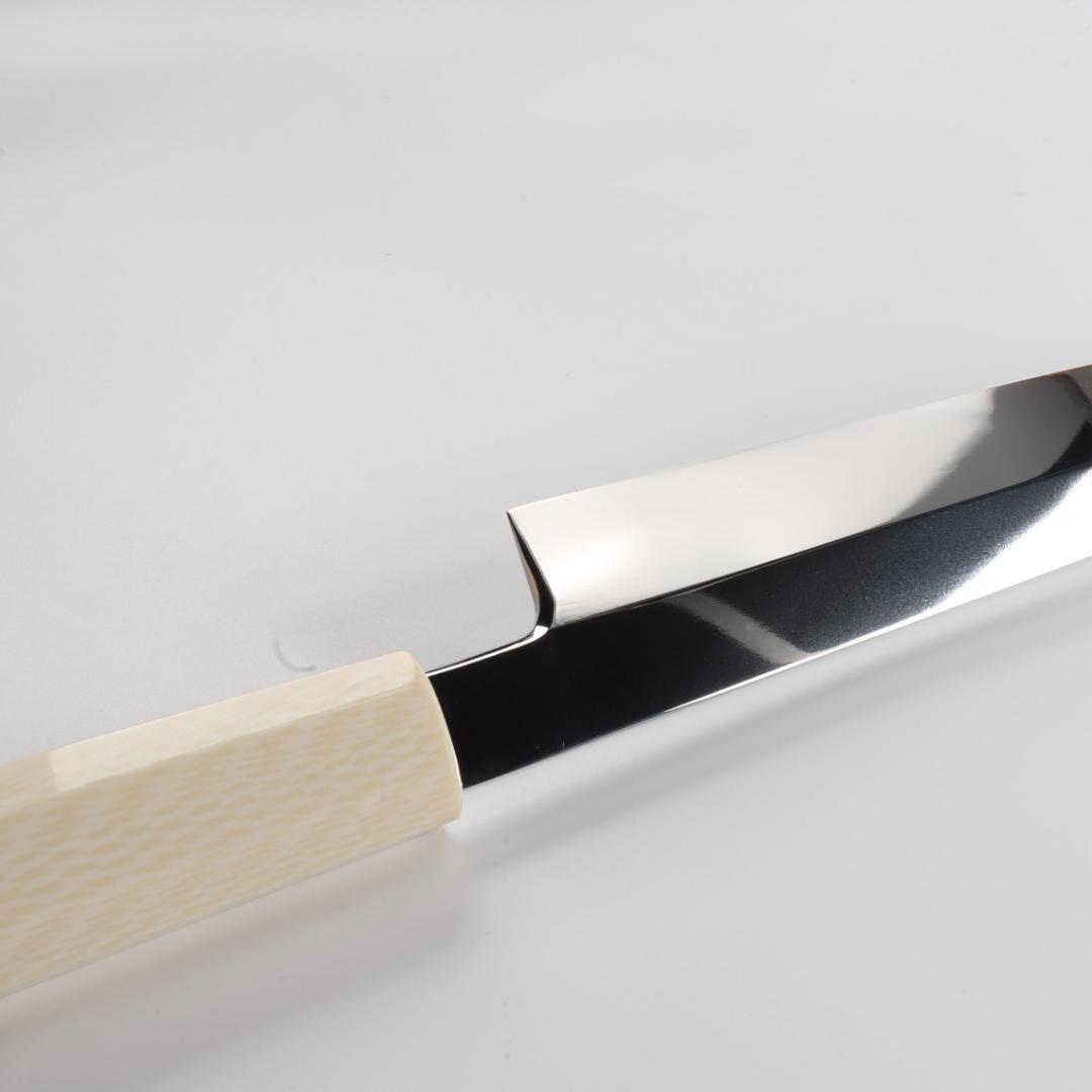 7944マグロ包丁両刃鏡面仕上げ 鞘付刃渡700mm刺身包丁スネークウッド八角柄