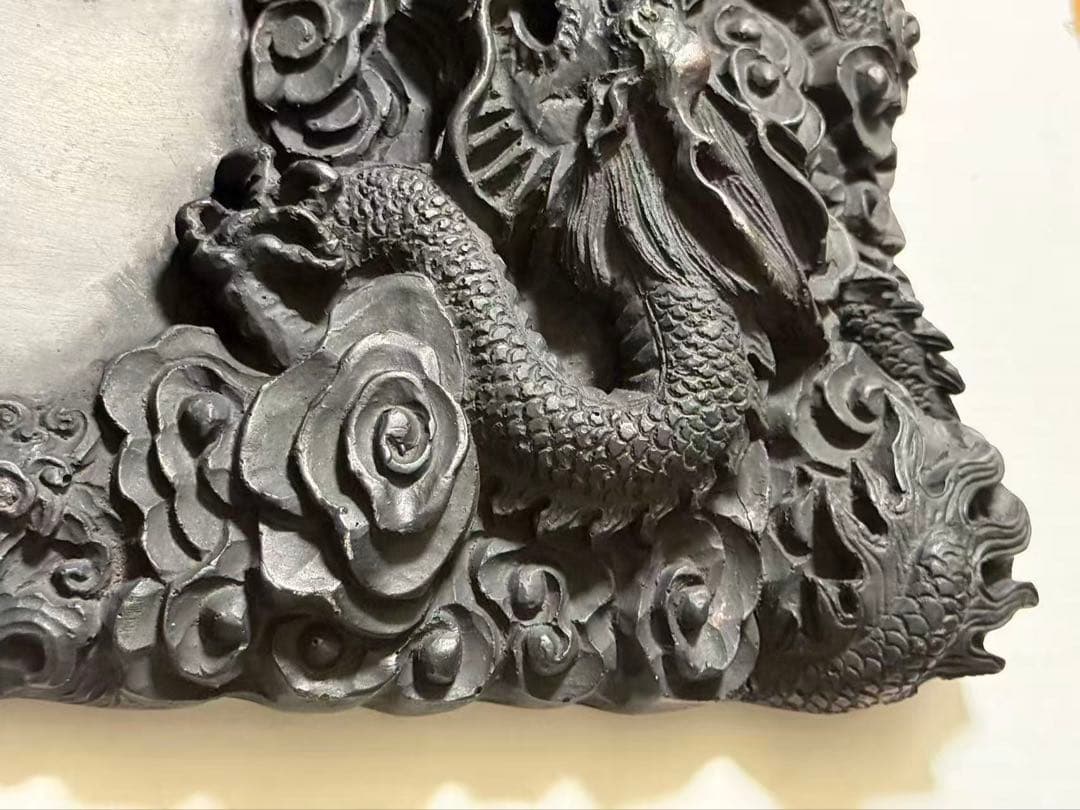 ￼ 中国美術 大型端渓硯 細密龍雲彫刻硯 文房具 年代物