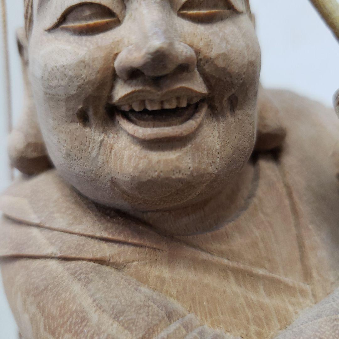 蔵出し特価縁起物七福神楠材恵比寿像えべっさん身丈23cm棹先34cm