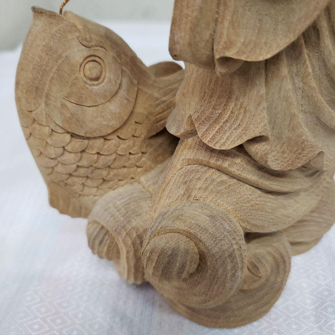 蔵出し特価縁起物七福神楠材恵比寿像えべっさん身丈23cm棹先34cm