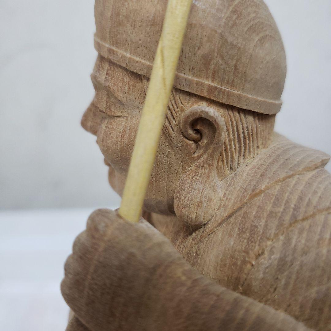 蔵出し特価縁起物七福神楠材恵比寿像えべっさん身丈23cm棹先34cm