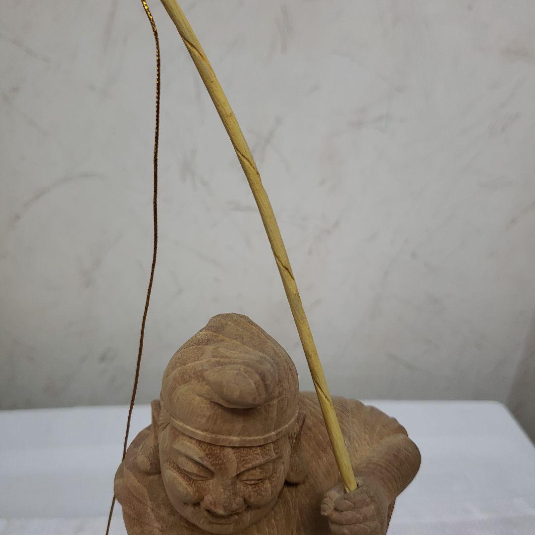 蔵出し特価縁起物七福神楠材恵比寿像えべっさん身丈23cm棹先34cm