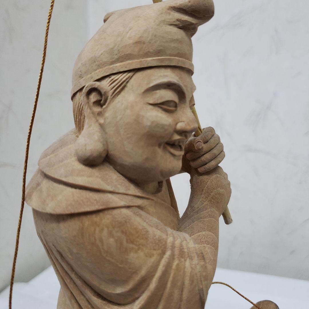 蔵出し特価縁起物七福神楠材恵比寿像えべっさん身丈23cm棹先34cm