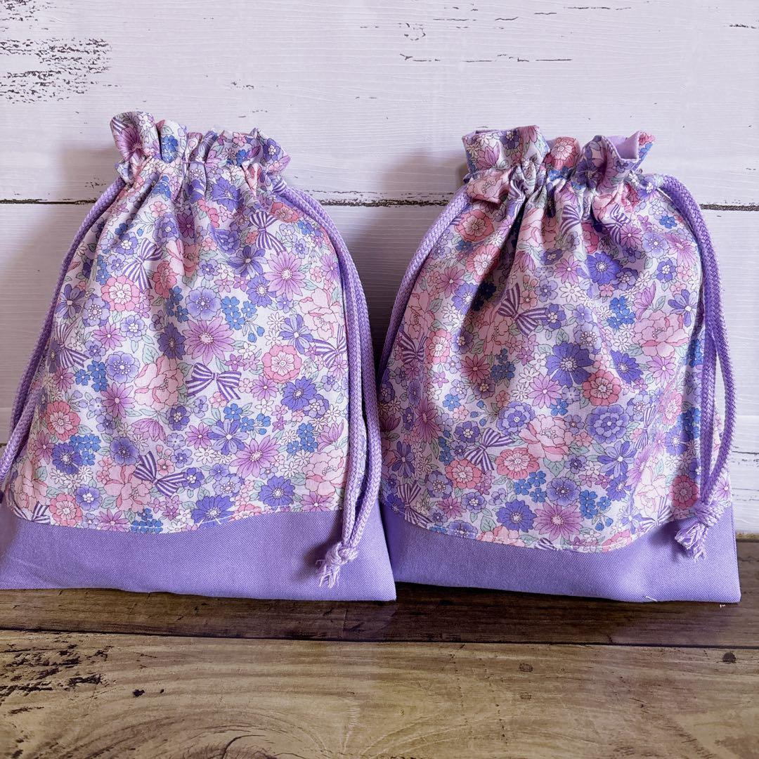 コップ袋　巾着　☆花がら　リボン　パープル