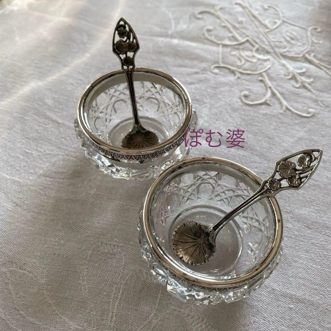 【フランス製】純銀 クリスタル／ソルトセラー 調味料入れ 箱入４個セット／バカラ