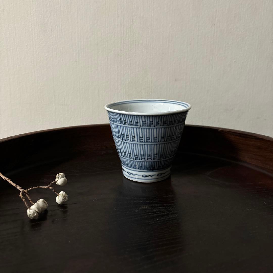 古伊万里蕎麦猪口大きめ猪口1点 江戸幾何学文　アンティーク　骨董白磁　検:李朝